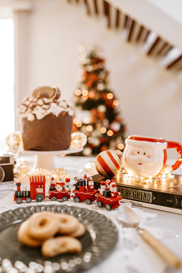 why-choose-us Cozy indoor Christmas scene with Santa mug, treats, and decorations.
